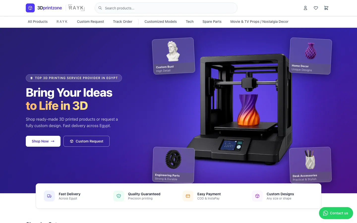 3DPrintZone’s live storefront with 3D printed products and custom print requests